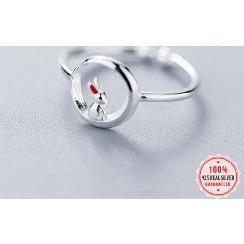 100% 925 Solid Real Sterling Silver Moon Rabbit Cocktail Opening Ring Sizable 5 6 7 For Women Girl Fine Jewelry DS15