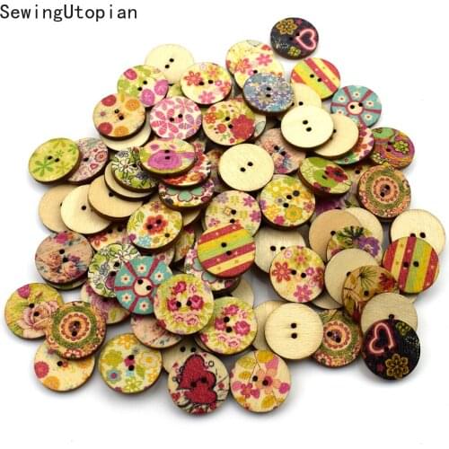 50PCS 25MM Mixed Wooden Button Flower Pattern Scrapbook Decorative Buttons Mix Garment Botoes Accessories for Craft DIY