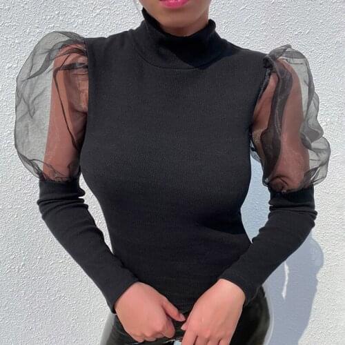 Black Puff Sleeve Mesh Long Sleeve Slim Mock Neck Elegant Blouse Knitted Top Patchwork Autumn New Fashion Top Outfit