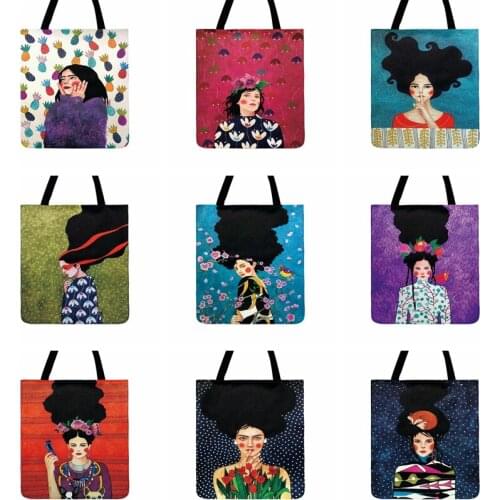 Black Hair Girls Oil Painting Printed Tote Bags For Women Casual Tote Outdoor Beach Bag Fashion Shopping Bag Ladies Shoulder Bag