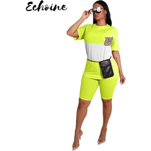 Echoine Women Summer Casual Patchwork Short Sleeve Tshirt 2 Piece Set Leopard Pocket O Neck Top Bodycon Shorts Tracksuit Outfits