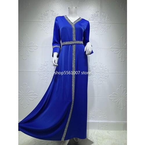 Eid Satin Abaya Dress Jalabiya for Women Elegant Diamonds Belt V Neck Muslim Kaftan Arabic Dubai Turkey Morrocan Clothing Blue