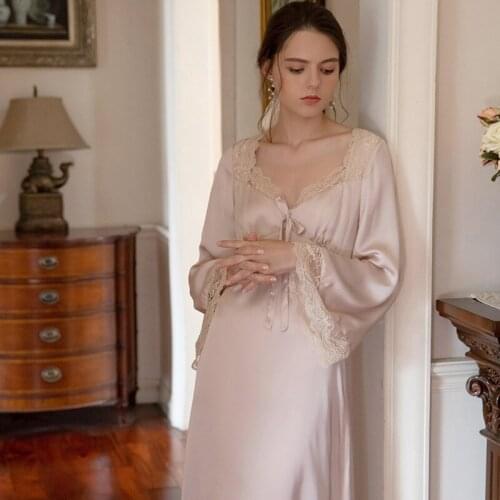 Womens Sexy Deep V Bathrobe Autumn Long Sleeve Lingerie Sleepwear Vintage Babydoll Princess Night Dress Court Style Sleepdress