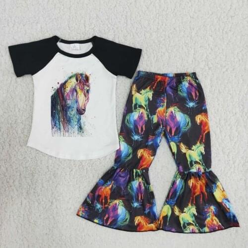 Spring kids clothes set colorful horse pattern bell bottom pants short sleeve raglan tee shirt top RTS