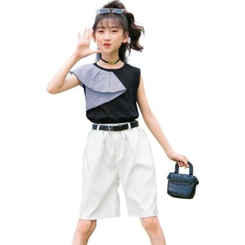 Teen Girls Summer Clothing Striped Vest + Short Tracksuits For Girls Patchwork Kids Girls Clothes Casual Style Childrens Costum