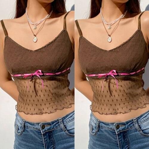 Hot kf-Aesthetic Cute Mesh Tops Women Lace Patchwork Vintage Kawaii Clothes See Through V Neck Sexy Crop Tops