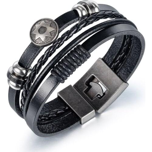 Cyue European Men Boy Braided Multi-layer Leather Bracelet Stainless Steel Round Charms Button Wristband Fashion Jewelry YLB0163