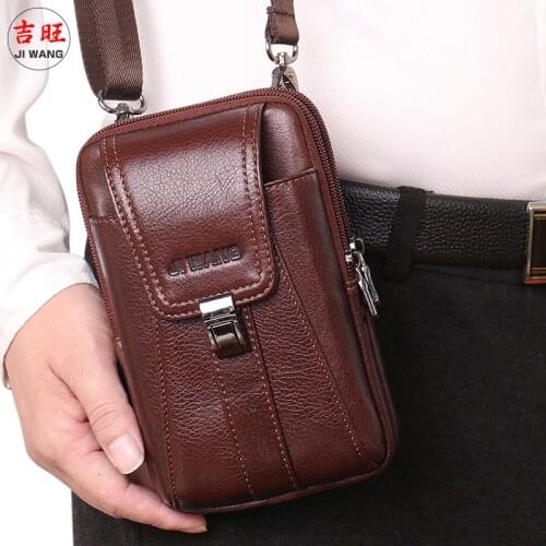 High Quality Cowhide Genuine Leather Mens Shoulder Messenger Belt Phone Bag Simple Vintage Chest Bag Casual Sports Waist Packs