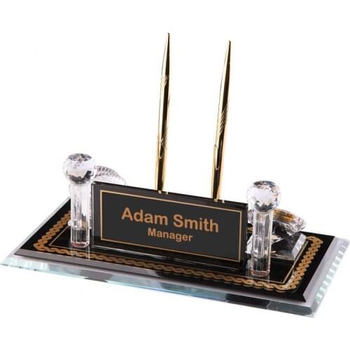 Crystal Glass Desk Name Plate and Pen Desk Stand Set - Personalized Name Plate, Crystal Clock, Custom Engraved Awards, Teachers