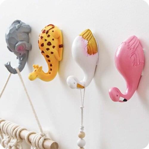 Cartoon Animal Resin Hook Flamingo Shape Hook Wall Hanging Holder Self Adhesive Clothes Hook Rack Kitchen Storage Accessories