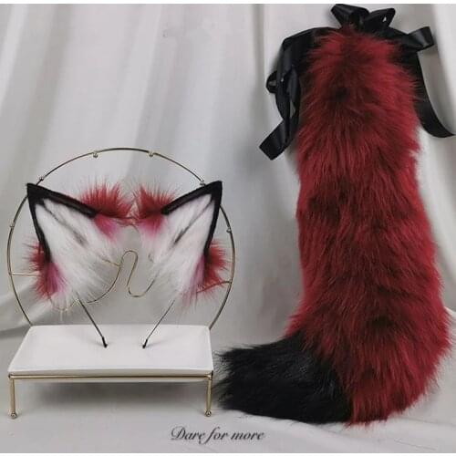 New Red Blood Furry Wolf Fox Cat Ears Hairhoop Headband Tail Hand-made Simulation for Lolita Cosplay Party Costume Custom Made