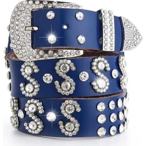 Wholesale ceinture femme belts for women belt for men BLUE leather full rhinestone Pin buckle Cheap Christmas Gifts long 105CM