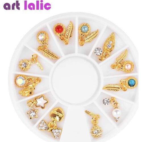 12pcs Nail Art Metal Feather Charm Gold Pendant Tassel Rhinestone Decoration 3D Jewelry Diamond Manicure In Wheel Accessories