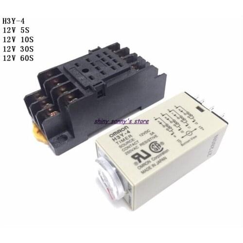 1 Set/Lot H3Y-4 DC12V 5S/10S/30S/60S Delay Timer Time Relay 0-5/10/30/60 Seconds 12VDC & PYF14A Socket Base Brand New