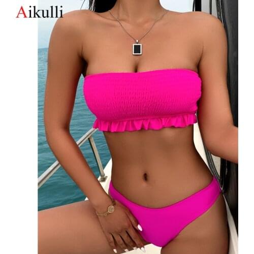 Sexy Bandeau Bikinis Swimsuits Women Swimwear 2021 Off-Shoulder Bikini Set Female Strapless Padded Bathing Suit Summer Beachwear