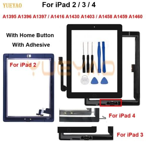 Touch Screen For iPad 2 3 4 A1395 A1396 A1397 A1416 A1430 A1403 A1458 A1459 A1460 LCD Outer Digitizer Sensor Glass Panel + Home