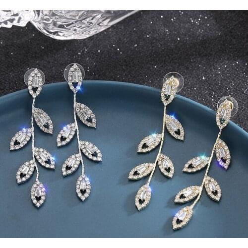 Leaf Shape Earrings Full Rhinestone Inlaid Simple Elegant Delicate Long Earrings for Women Wedding Prom Party LXH