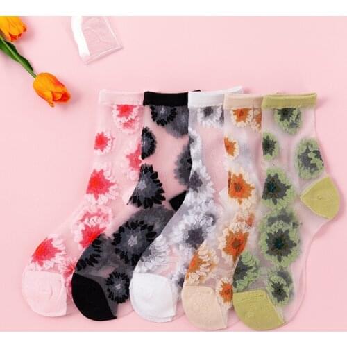 Korean Summer Thin Socks Women Transparent Long Crystal Silk For Dress Fairy Net Ladies Girls Vintage Sunflower Designer Sokken