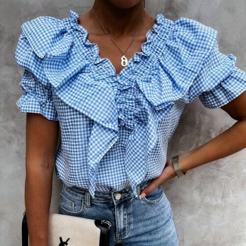 QINJOYER Vintage Plaid Blouses Women V Neck Shirt Sweet Ruffles Shirt Female Casual Puff Sleeve Summer Blouses Tops for Women