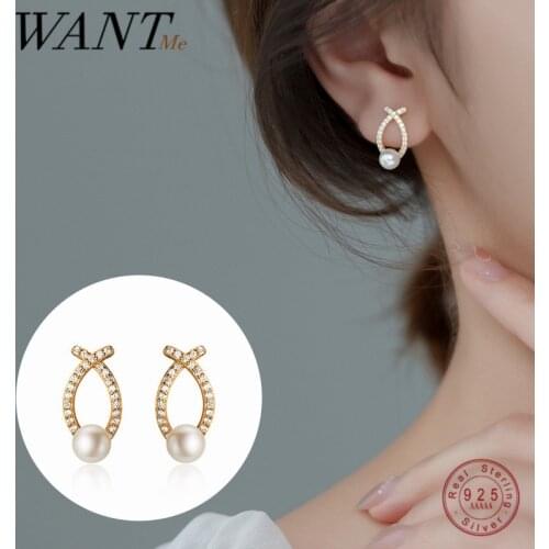 WANTME 925 Sterling Silver Fashion Korean Charm Cross Pearl Stud Earrings for Women Romantic Anniversary Piercing Jewelry Gift