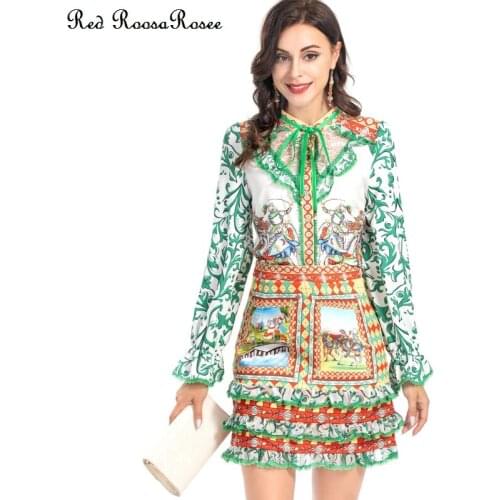 Red RoosaRosee Fashion Summer Women Stand Collar Print Long Sleeve Blouse Ruffles Patchwork Lace Mini Skirt Twinset Suit Female