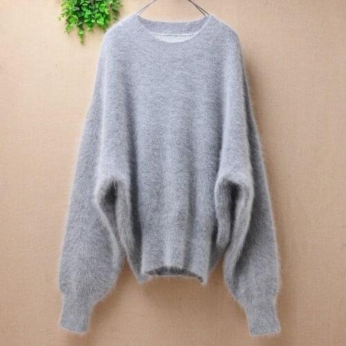 Female women fashion grey winter clothing mink cashmere knitted long batwing sleeves o-neck loose pullover angora fur sweater