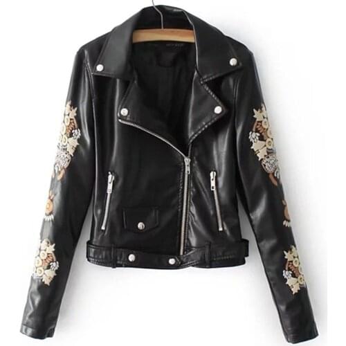 Embroidery faux leather PU Jacket Women Spring Autumn Fashion Motorcycle Jacket Black faux leather coats Outerwear 2019 Coat HOT