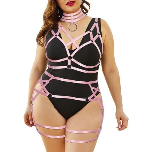 Plus Size Body Harness For Women Gothic Pentagram Full Cage Hollow Out 2PC Straps Bra Garter Belts Lingerie Set Punk Clothing