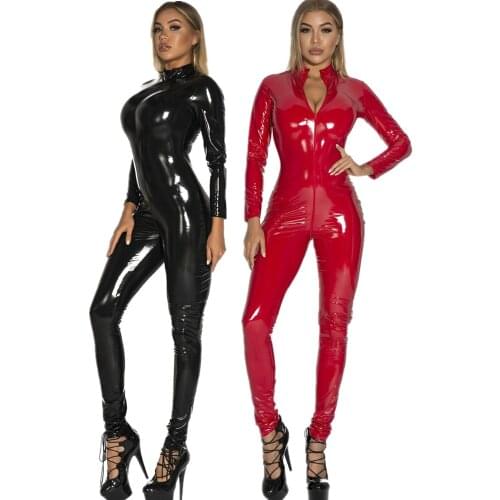 Female Sexy Zipper Open Crotch Leather Jumpsuit Stage Performance Catsuit Erotic PVC Latex Crotchless Bodysuits Rompers