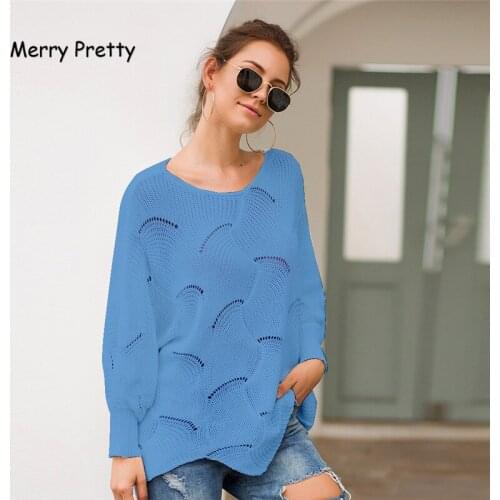 Merry Pretty Women Batwing Long Sleeve Hollow out knitted sweaters o-neck irregular wave hem casual loose knit pullovers jumper