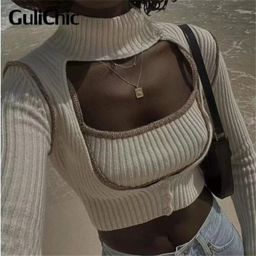 8.5 GuliChic Women Half High Collar Button Up Hollow Out Knit Long Sleeve Top And Short Slim Spaghetti Strap Tank Top Set