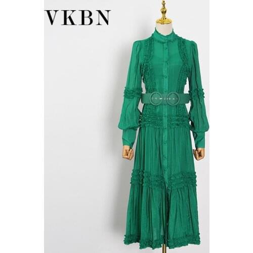 VKBN High Quality 2021 Dresses for Women Long Lantern Sleeve Sashes Single Breasted White Pink Green Maxi Dress
