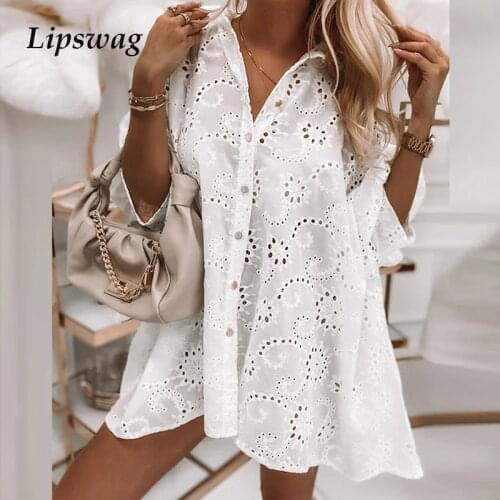New Office Elegant Loose Shirt Dress Casual Seaside Womens Solid Color Hollow Single-Breasted Long Shirt Dress Sexy Mini Dress