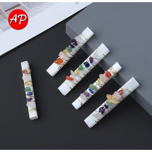 1pc Natural Quartz Seven Chakras Crystal Gypsum Stick Handmade Gold Wire Handicraft Yoga Energy Gemstone Decorate