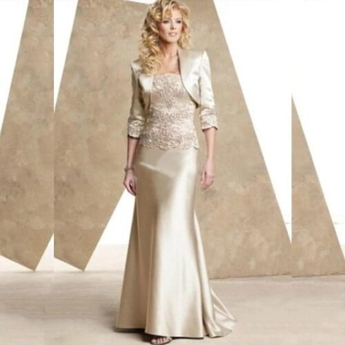 2021 Elegant Champagne Mermaid Lace Mother of the Bride Dresses With Removable Jacket Mother of the Groom Gowns Strapless Latest