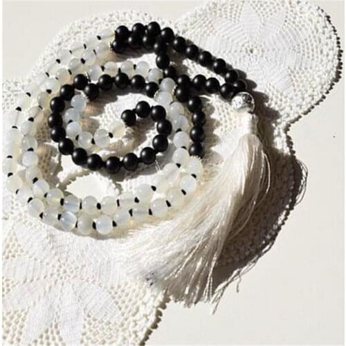 6mm Moonstone Black Onyx Gemstone 108 Beads Mala Necklace fengshui Chakas Meditation yoga MONK Bless Buddhism energy