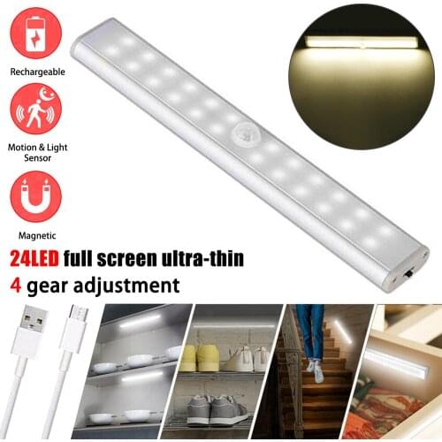 24 LED Wireless Infrared Induction Lamp Night Lights white/ warm Light USB Rechargeable Indoor Motion Sensor Closet Light