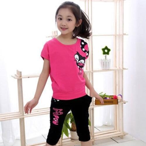 Kids girls short-sleeved suit 2020 new summer childrens cotton casual T-shirt big virgin piece shorts girl clothes 2-14 yrs