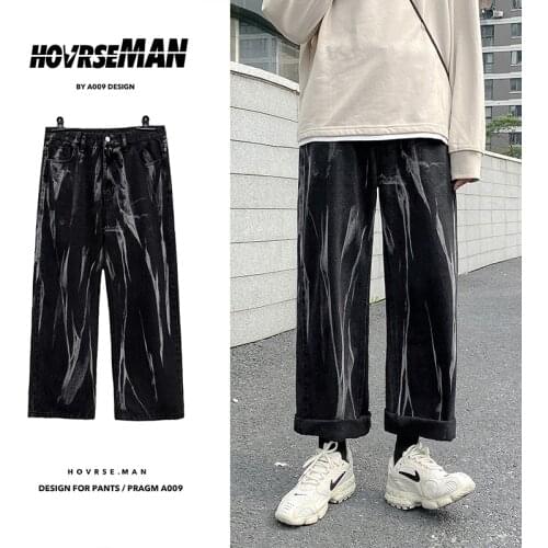 Mens Streetwear Wide-leg Jeans Tie-dye Oversize Casual Jean Pants Straight Loose Jeans Men Washed Hip Hop Denim Trousers