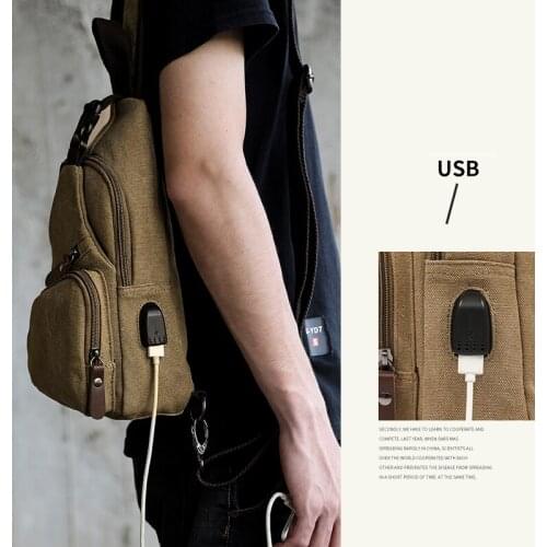 Canvas Bag Shoulder Bags Men Crossbody Chest Bag with USB Casual Racket Bag Short Trip