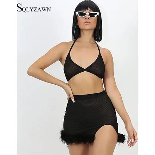 Fur Patchwork Two Piece Set Dress Suit Women Halter Sleeveles Crop Top 2 Piece Suits Outfit Female Side Split Casual Mini Skirt