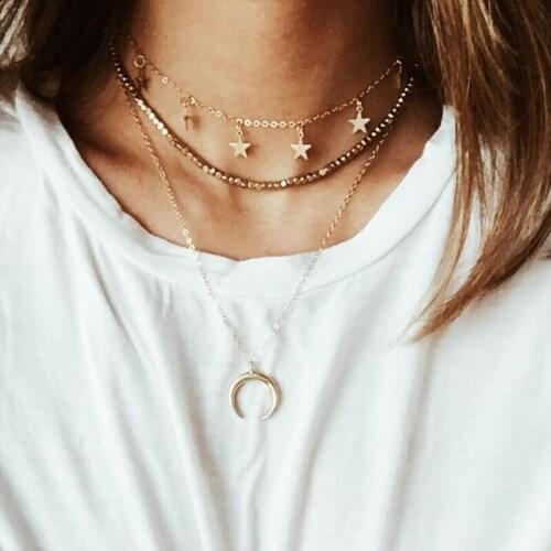Multilayer Star Pendant Necklace Gold Color Moon Crescent Map Clavicle Chain Necklace for Women Goth Collar Jewelry Gift