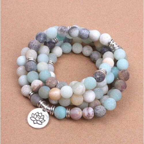 Fashion Women`s bracelet Matte Frosted Amazonite beads with Lotus OM Buddha Charm Yoga Bracelet 108 mala necklace dropshipping
