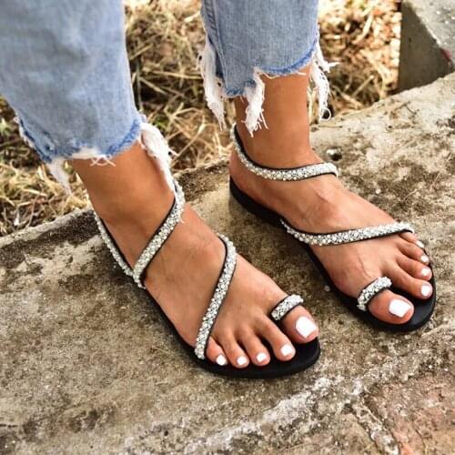 Summer Women Flat Sandals Sweet Bohemian Pearl Decorative Sandals Female Beach Shoes Holiday PU Leather Flat Shoes