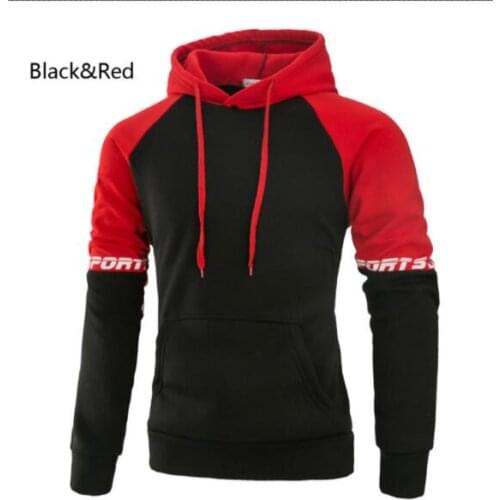 Mens Hooded Sweatshirt Long Sleeve Color Matching Patchwork Pullover Hoodies Casual Fleece Drawstring Tops with Kangaroo Pocket