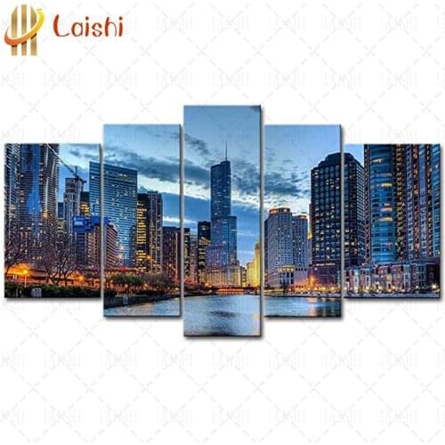 5pcs Diamond Painting Chicago Illinois U.S. City Architecture Landscape diamond rhinestone full square round diamond home decor