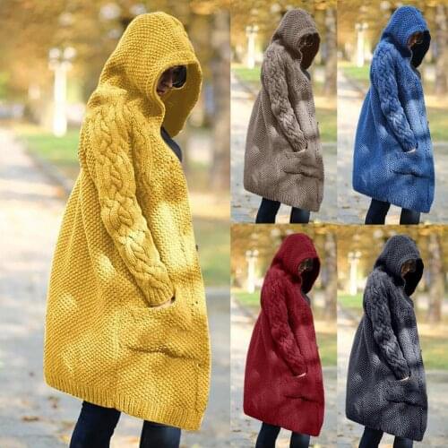 Solid Color Long Sleeve Women Cardigan Autumn Winter Hooded Pockets Knitted Sweater Outerwear