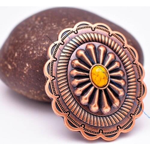 6pc 44*38mm Vintage Copper Flower Pattern Yellow Turquoise Concho Button For Leathercraft Belt Luggage Bag Accessories Ornament