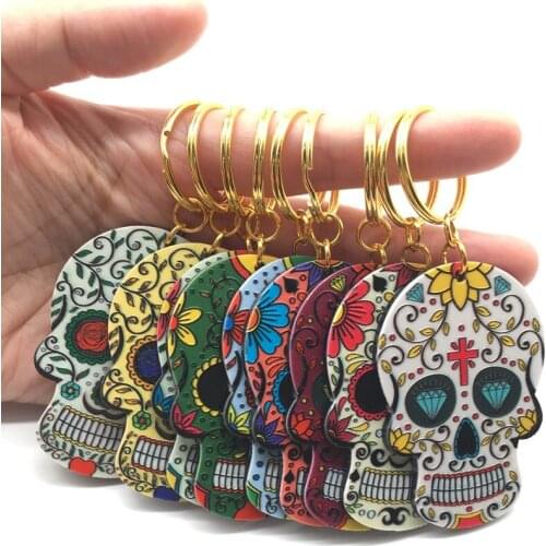 Sugar Skull Keychains Calavera Sugary-Sweet Whimsical Skull Key chain Keyrings Relief KeyChain Skeleton Key Ring