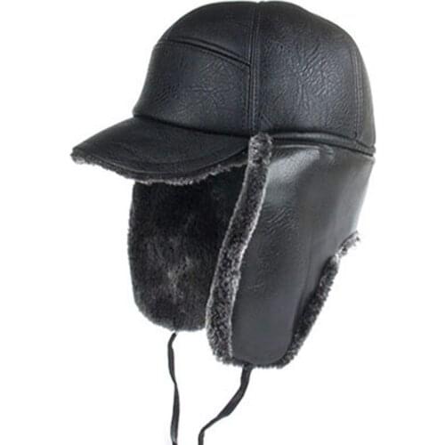 Keep Warm Wind Proof Winter Headgear Mens Black Faux Leather Fur Russian Bomber Hat with Ear Flaps Head Circumference 59cm